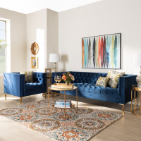 Baxton Studio TSF-7723-Navy/Gold-2PC Set Zanetta Glam and Luxe Navy Velvet Upholstered Gold Finished 2-Piece Sofa and Lounge Chair Set